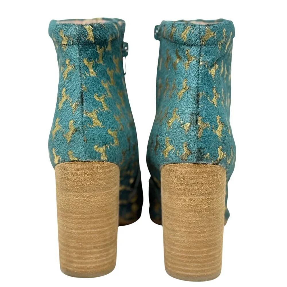Jeffery Campbell Handmade Teal &‎ Gold Horse Houndstooth Ankle Boots 8.5M